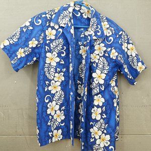 Vintage Q FASHION Mens Poly Cotton Hawaiian Shirt Blue Floral Print Size L